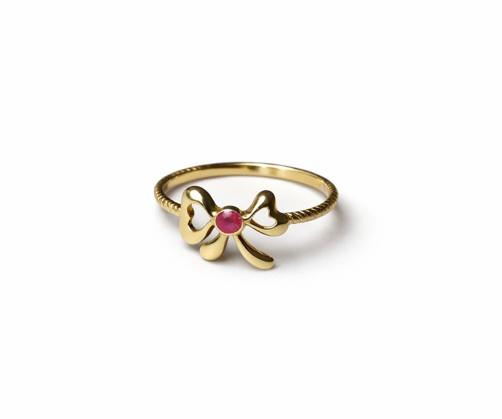 14K Gold Ruby Bow Ring — Dainty Ribbon Design with Red Gemstone